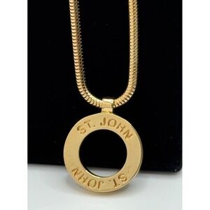 Vintage St John Logo Pendant Necklace Gold Tone Open Circle Snake Chain Designer